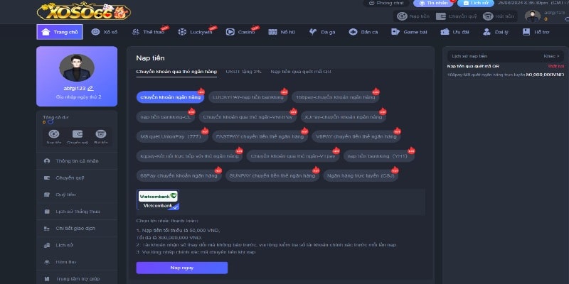 Chọn phương thức nạp tiền Xoso66